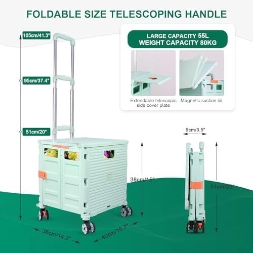 Heavy Duty Folding Shopping Cart 55kg Trolley 360° Wheels Foldable Green