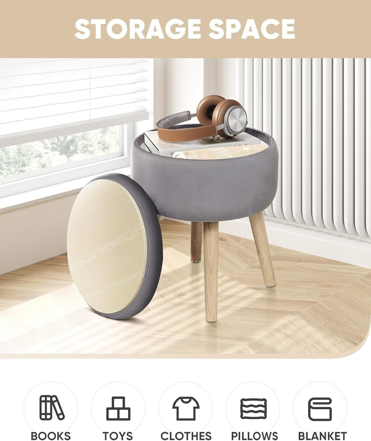 Grey Velvet Storage Ottoman Stool Round Footrest Coffee-Table Top Seat