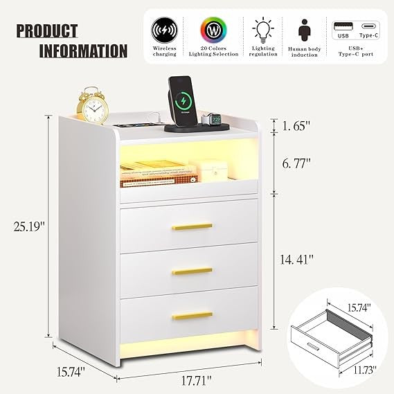 White LED Bedside Table with Charging Station & 3 Drawers | Modern Nightstand