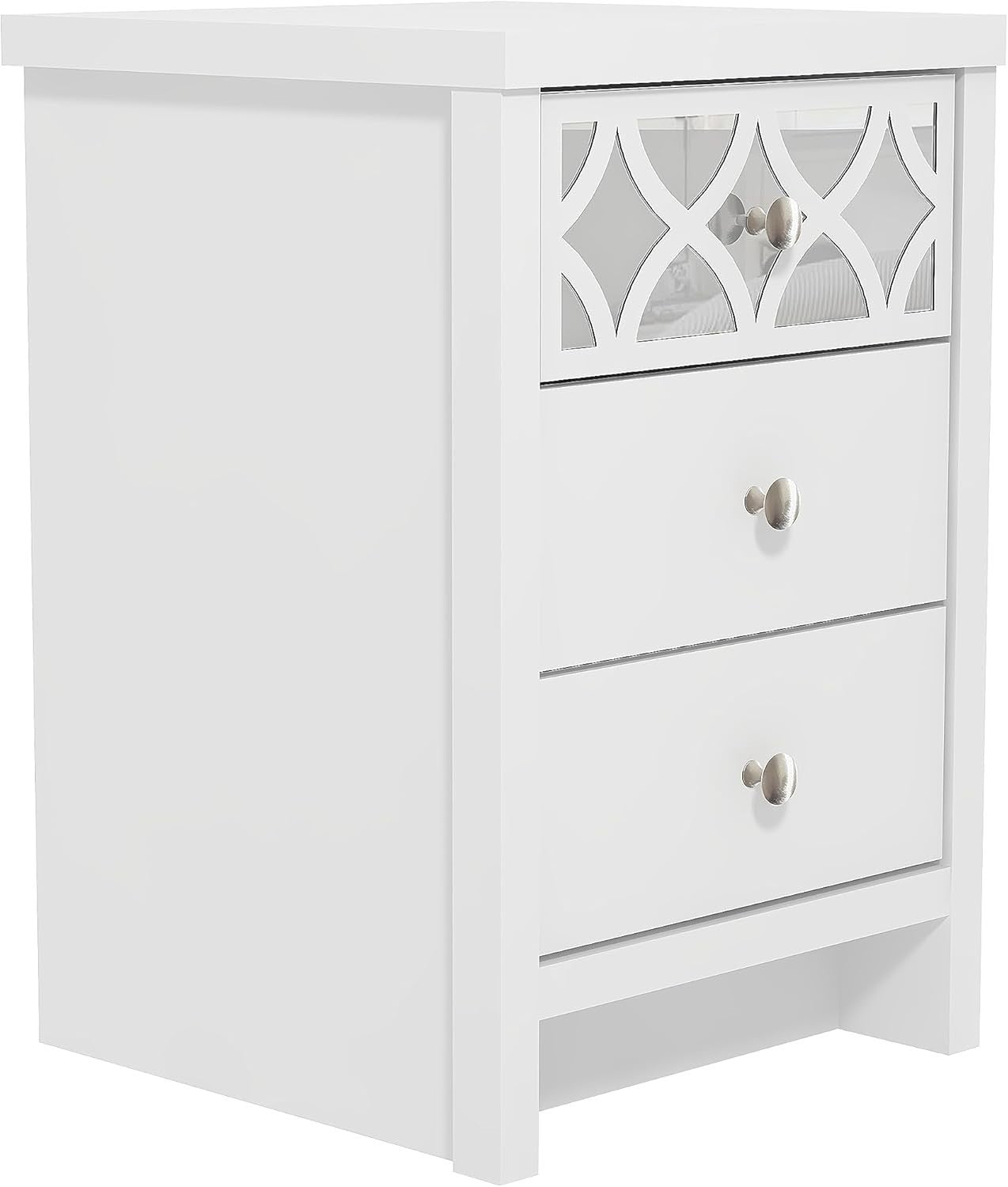 White 3 Drawer Bedside Table with Mirrored Panel, Modern Bedroom Cabinet 59x39cm