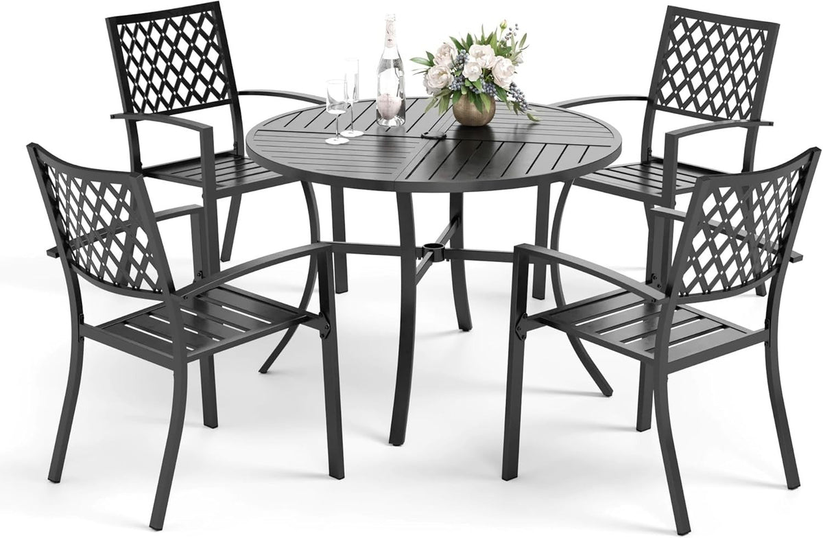 5 Piece Garden Patio Dining Set Outdoor Table & Stackable Metal Chairs