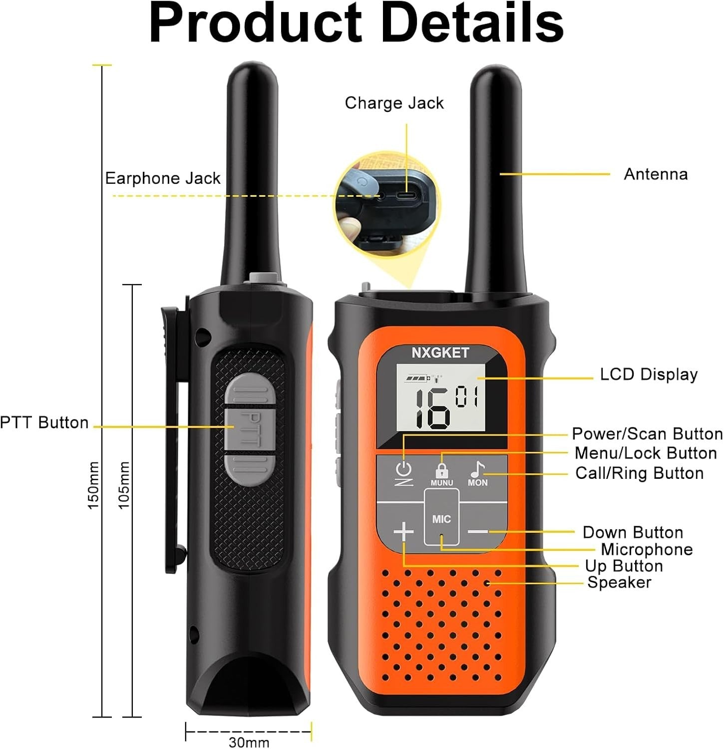 Rechargeable Walkie Talkies 3 Pack Long Range 5KM VOX 16 Channel Radio