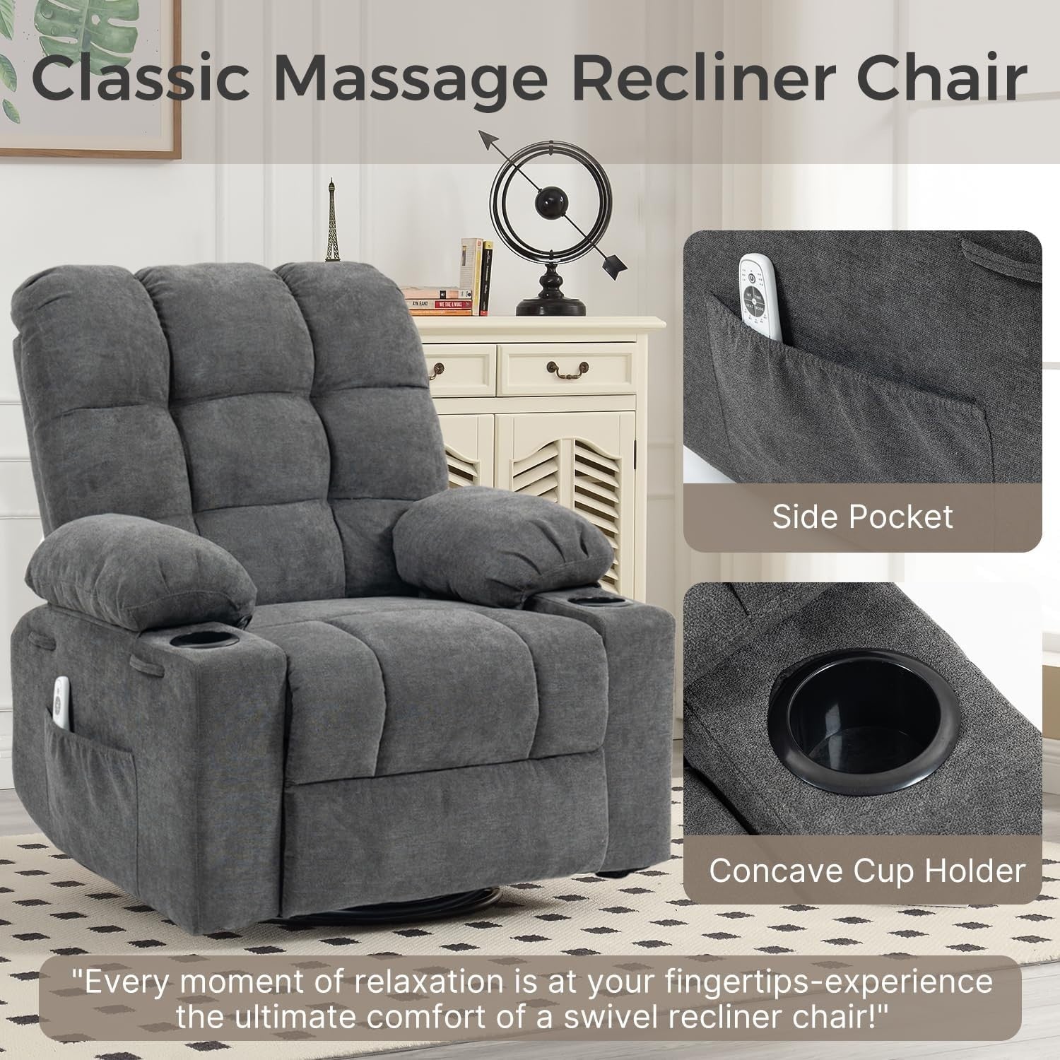 Recliner Chair Massage Heat 360° Swivel Rocking Manual Footrest Cup Holders Grey