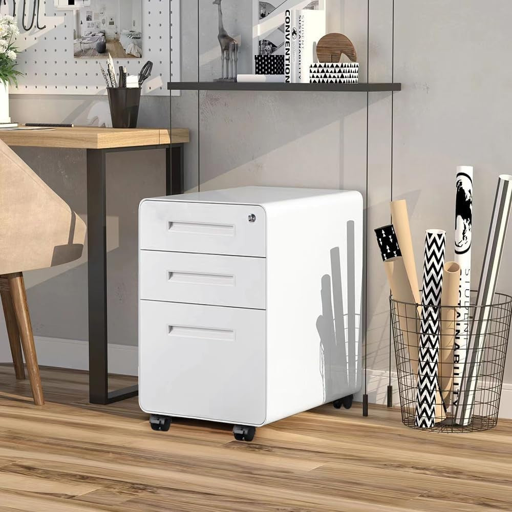 White 3 Drawer Lockable Mobile File Cabinet 51x40x63.5cm