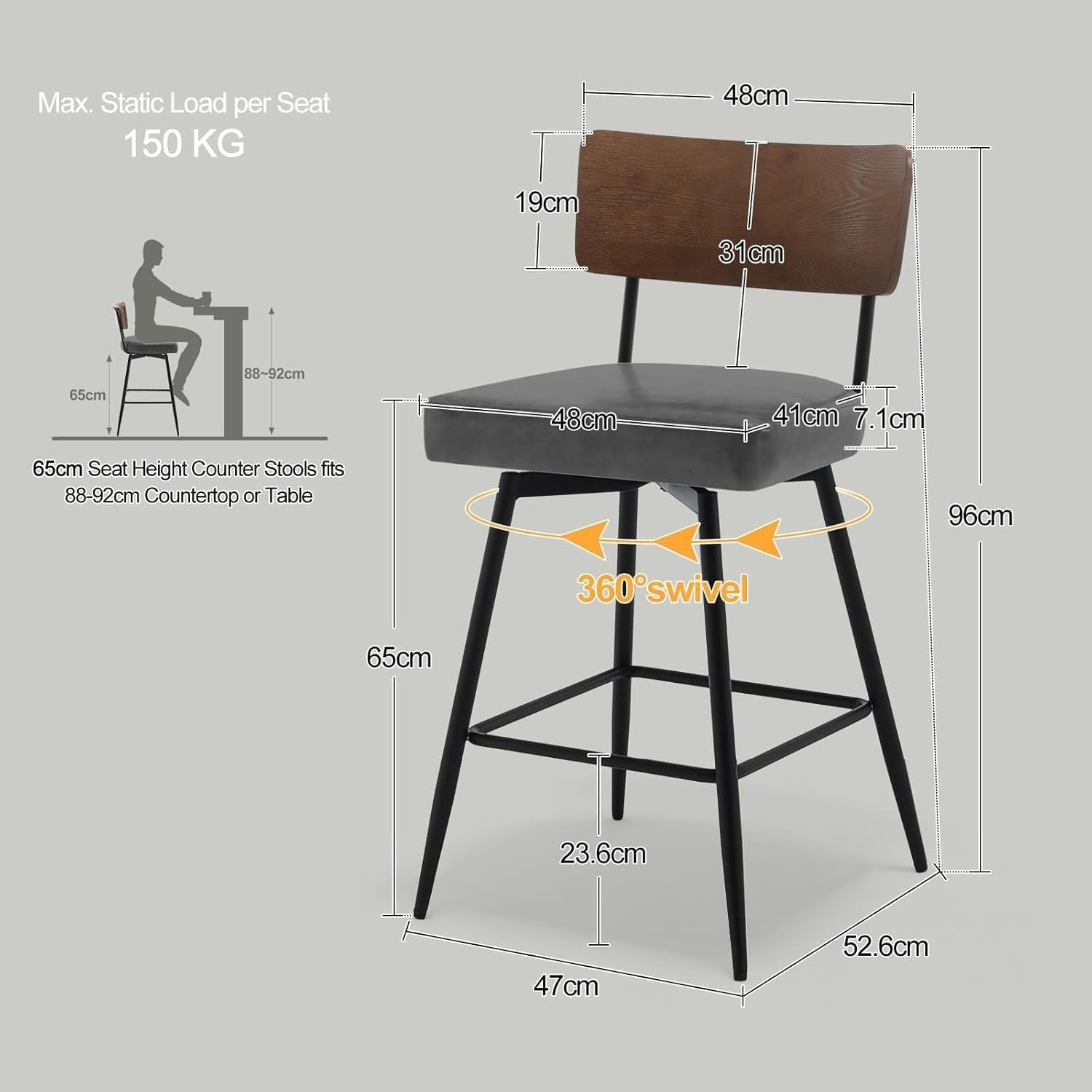 Swivel Bar Stools Set of 2 PU Leather Grey Wood Back 65cm Seat