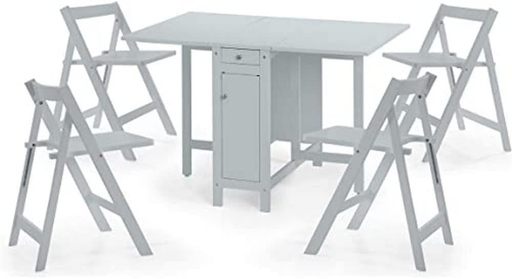 Compact Grey Dining Table Set with Foldable Chairs & Storage for Small Spaces