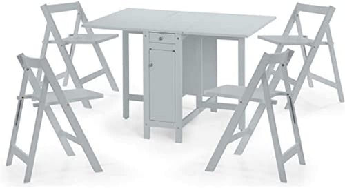 Compact Grey Dining Table Set with Foldable Chairs & Storage for Small Spaces