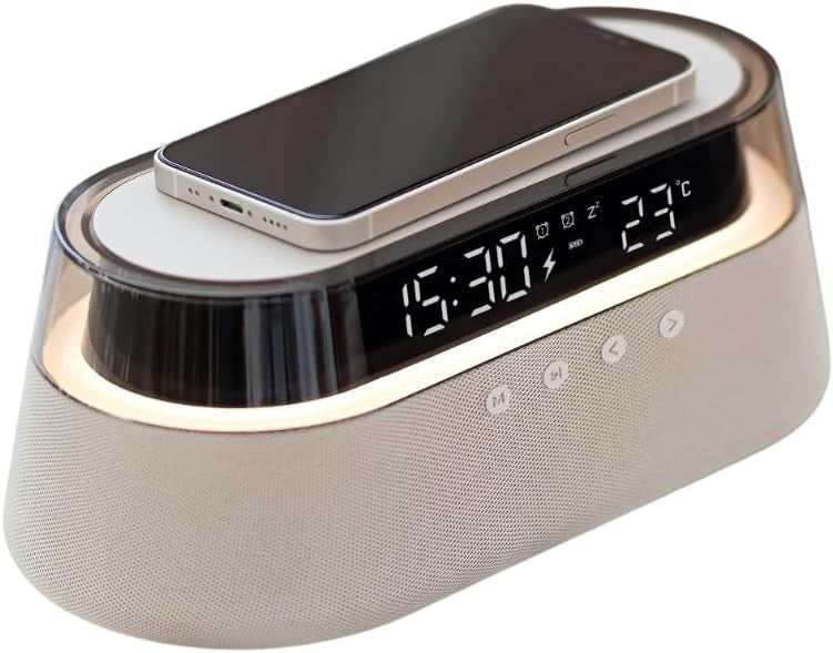 Light Beige 6-in-1 Wireless Charging Station Bluetooth Speaker Alarm Clock