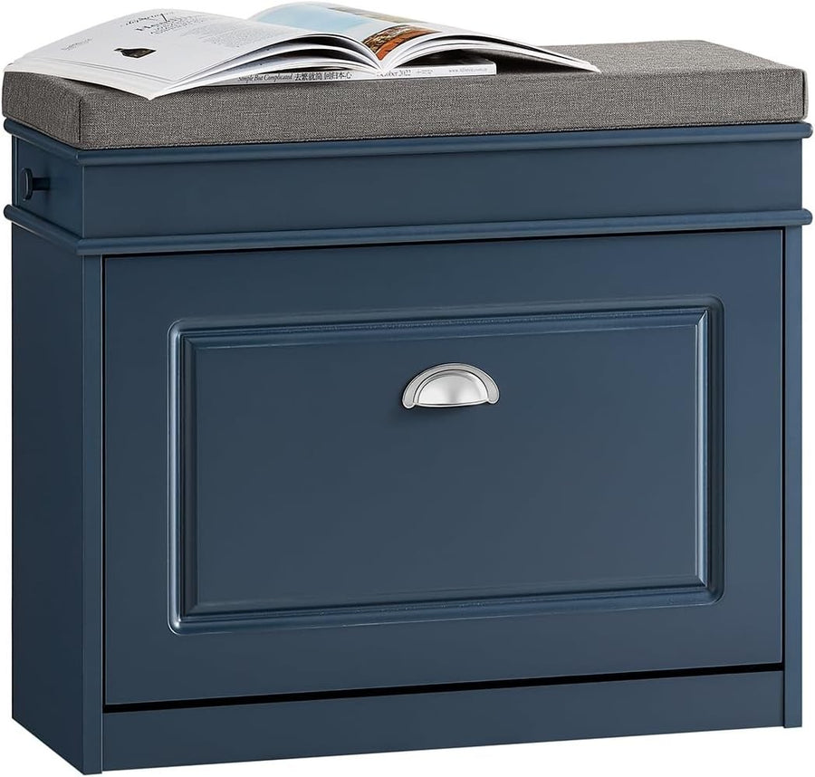 Narrow Shoe Storage Bench with Flip Drawer & Blue Cushion, 60x24x52 cm