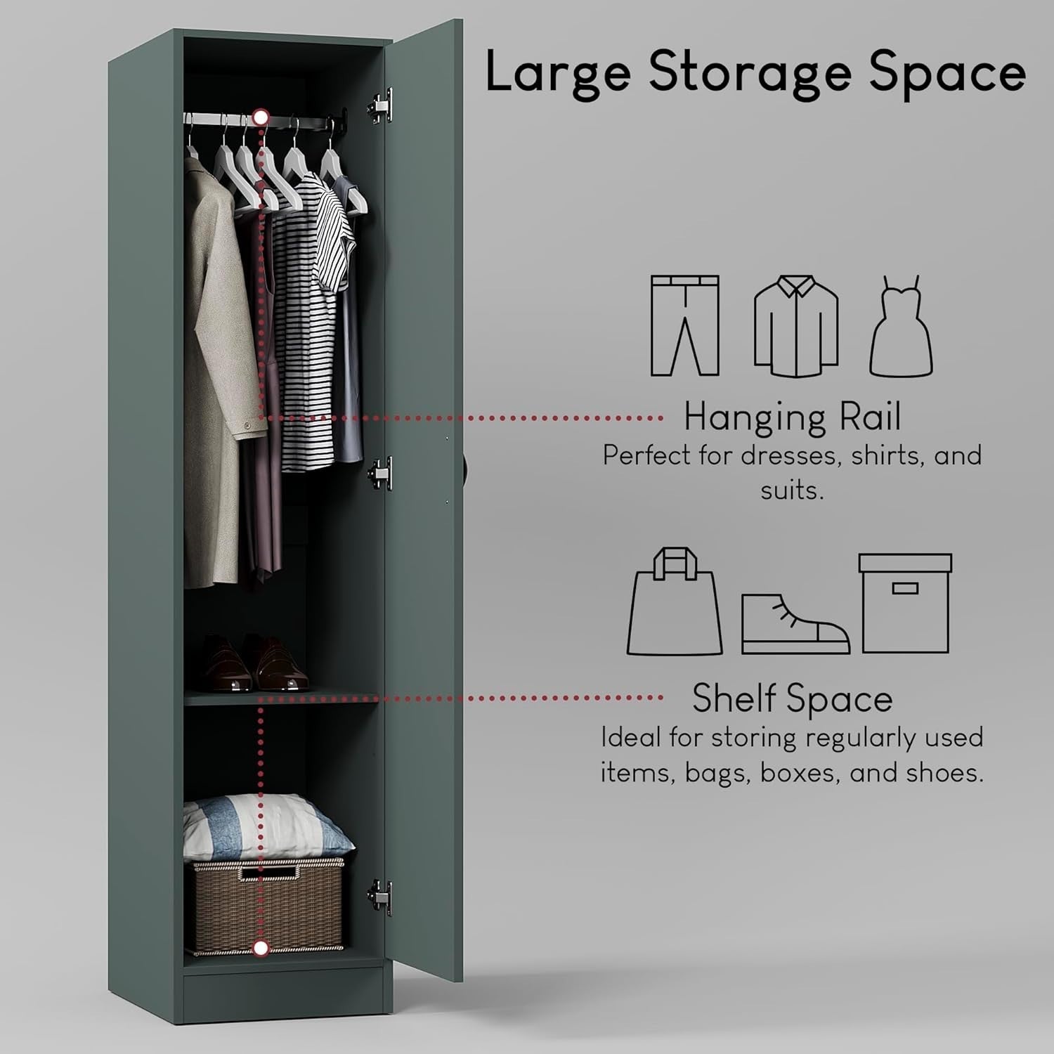 Modern Single Door Bedroom Wardrobe with Hanging Rail & Shelf Storage