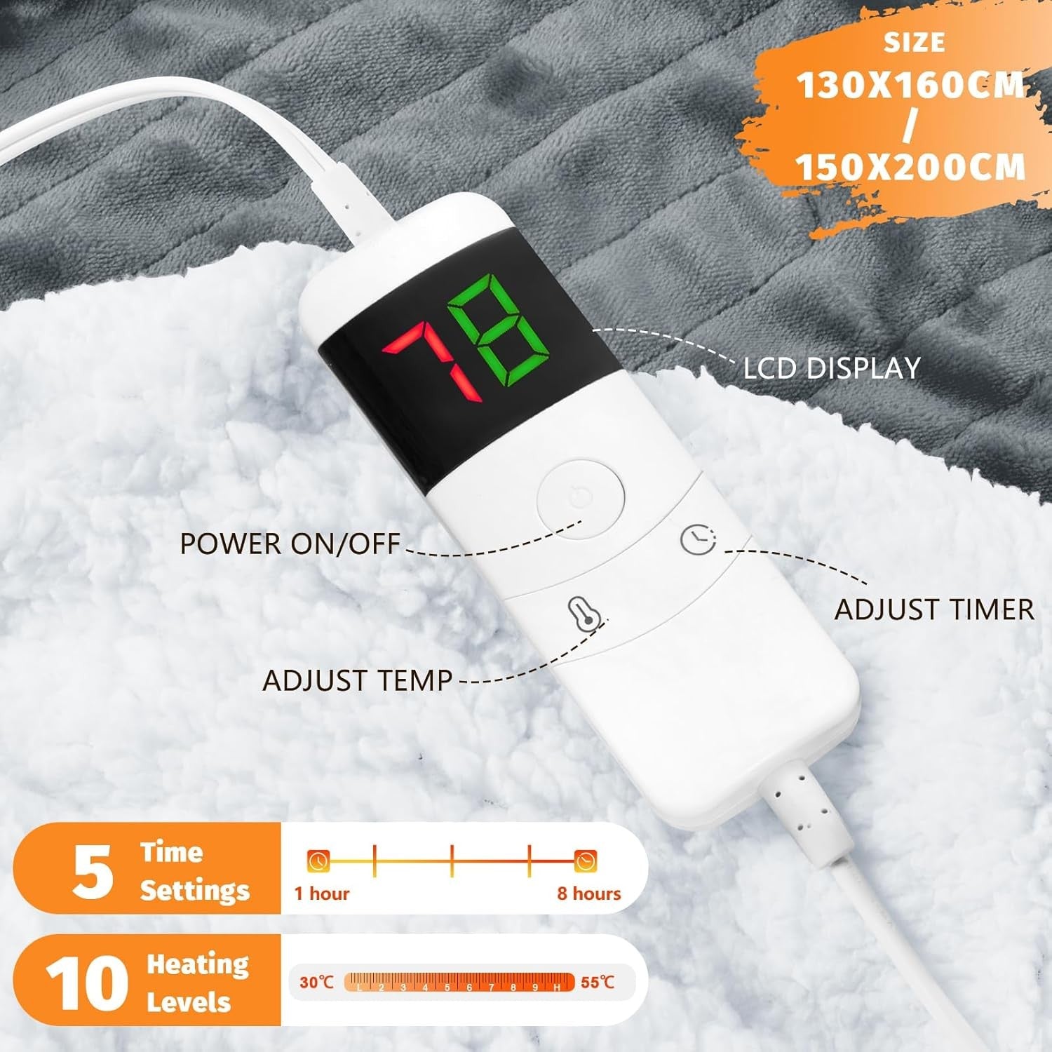Electric Heated Throw Blanket Grey Soft Fleece 10 Heat Levels Timer 130x160cm