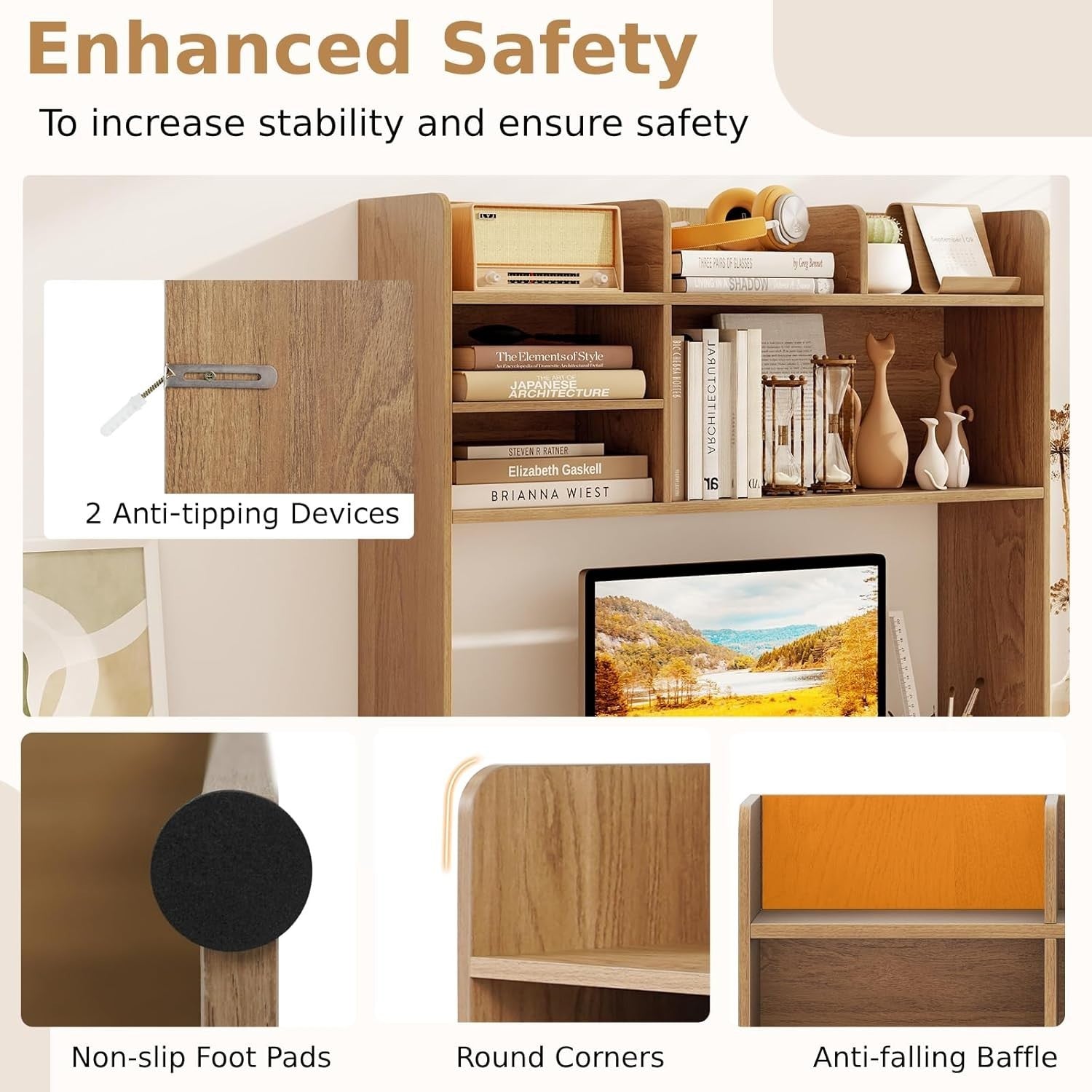 Desktop Bookshelf Hutch 6-Shelf Monitor Storage Rack Adjustable Compartments