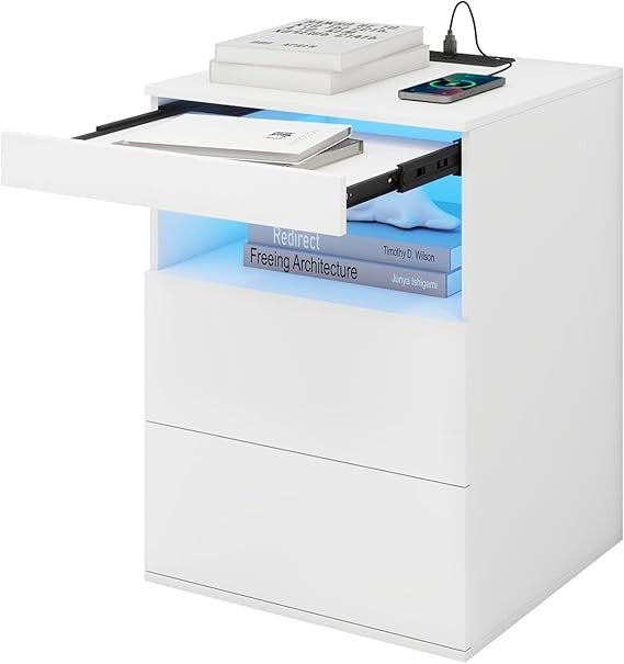 Smart LED Bedside Table with Charging Ports, 2 Drawers & Pull-Out Tray
