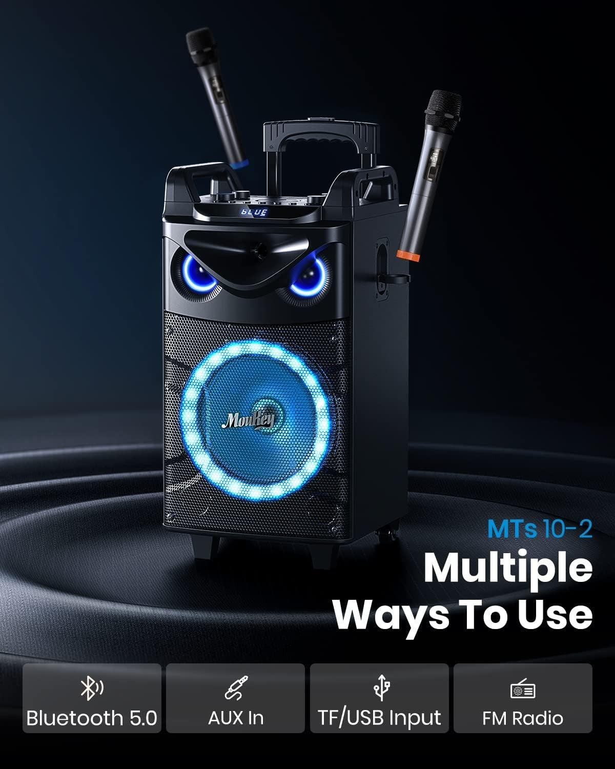 Portable Karaoke Speaker 10" Subwoofer 2 Wireless Mics
