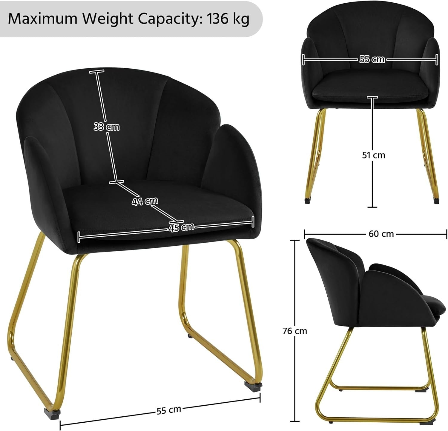 Black Velvet Tub Vanity Chair Modern Petal Accent Armchair with Gold Legs