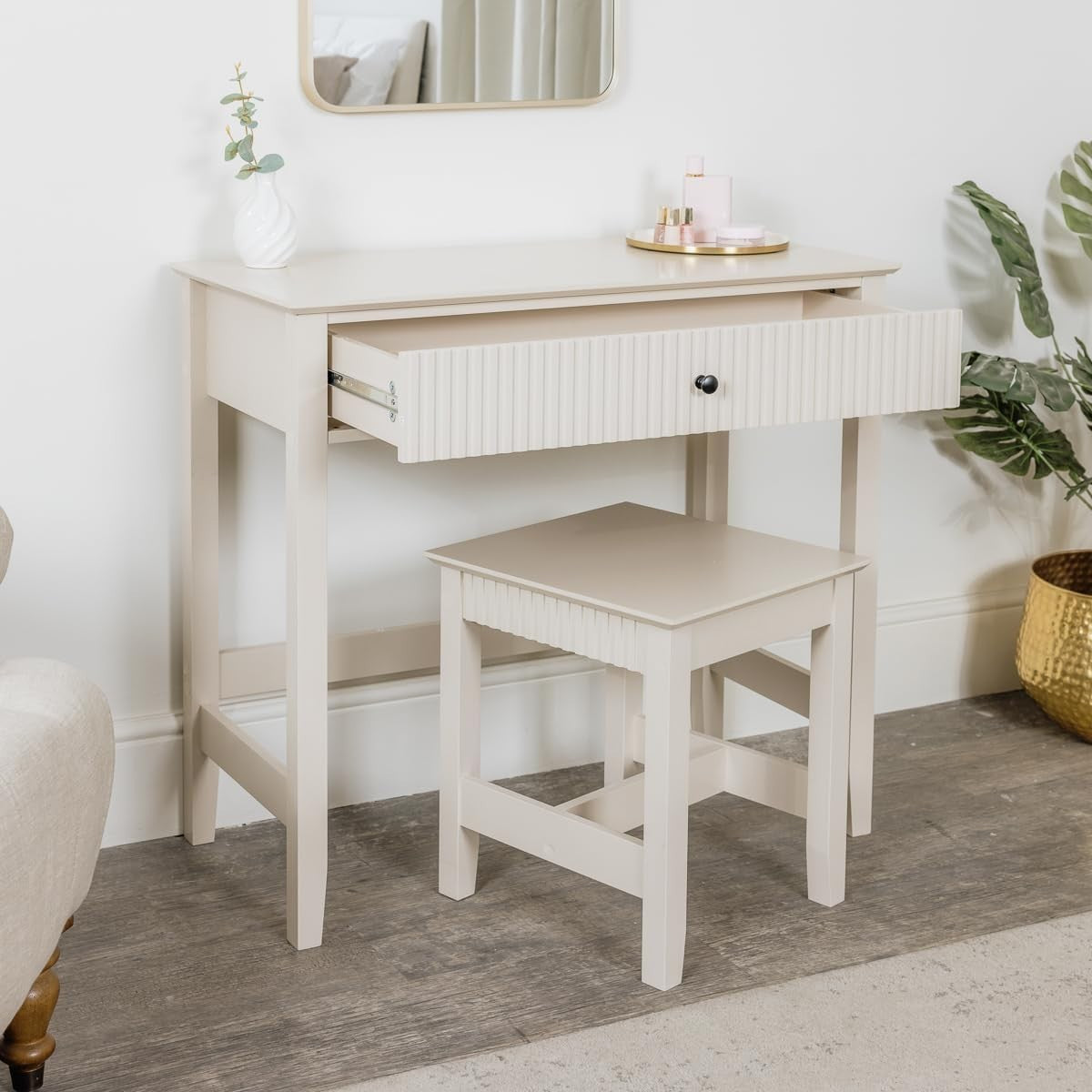 Taupe Grey Console Dressing Table & Stool Set Fluted Drawer Compact Bedroom