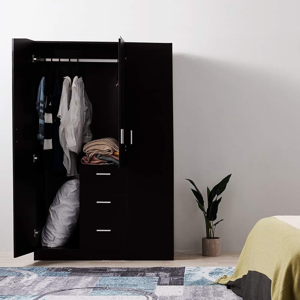 Large 3 Door Wardrobe with 3 Drawers, Shelves & Hanging Rail - Black Bedroom