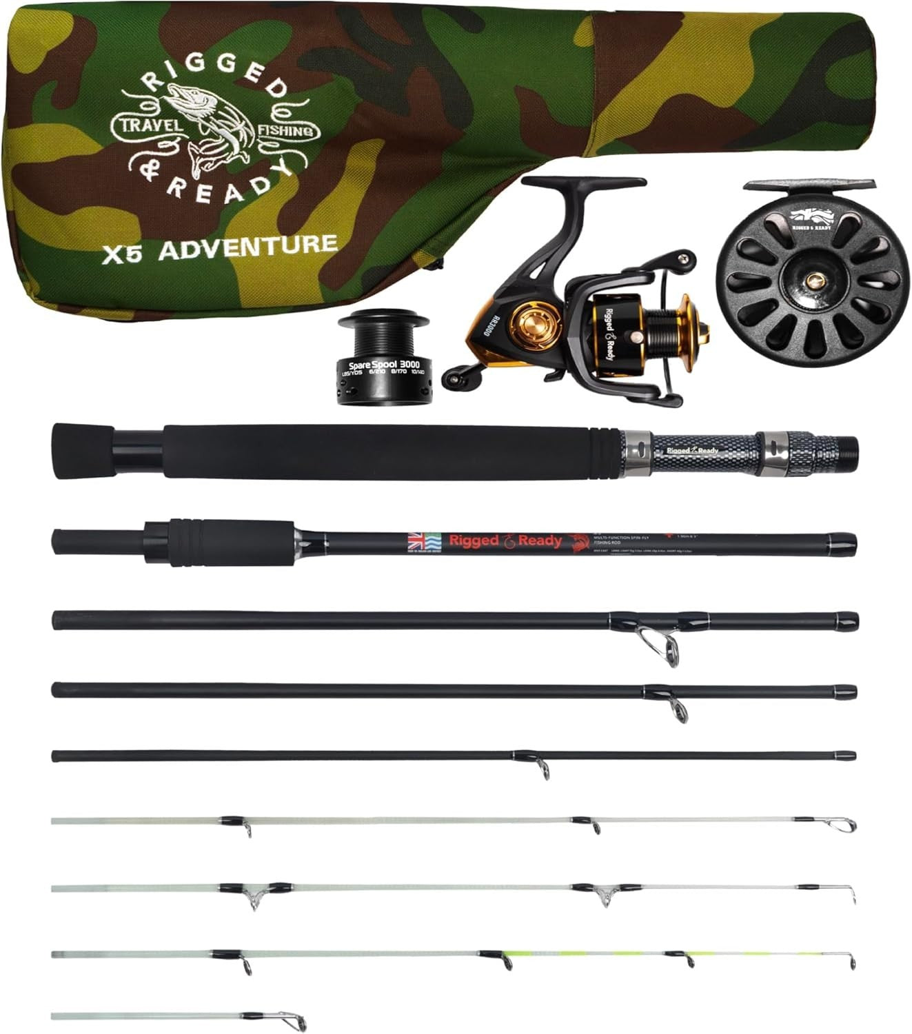 Travel Fishing Rod & Reel Set 5-in-1 Multi-Tech Spin, Fly, Salt & Fresh