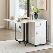 Extendable Folding Dining Table with Storage Drawers Marble White Black