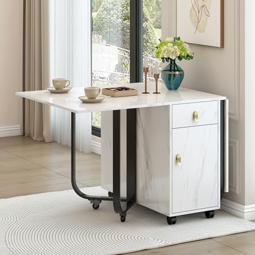 Extendable Folding Dining Table with Storage Drawers Marble White Black