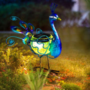 Solar Peacock Light Outdoor LED Garden Statue Metal Glass Yard Art Ornament
