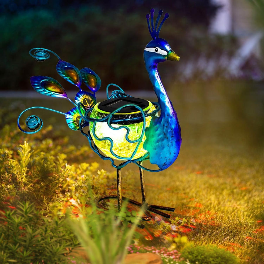 Solar Peacock Light Outdoor LED Garden Statue Metal Glass Yard Art Ornament