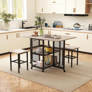 Folding Drop Leaf Dining Table Set Grey with Stools Storage Shelves Wheels