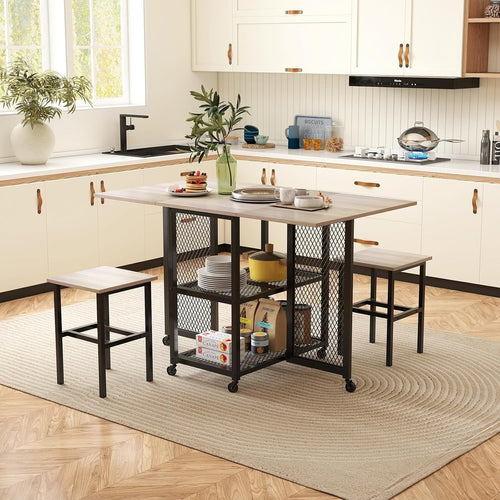 Folding Drop Leaf Dining Table Set Grey with Stools Storage Shelves Wheels