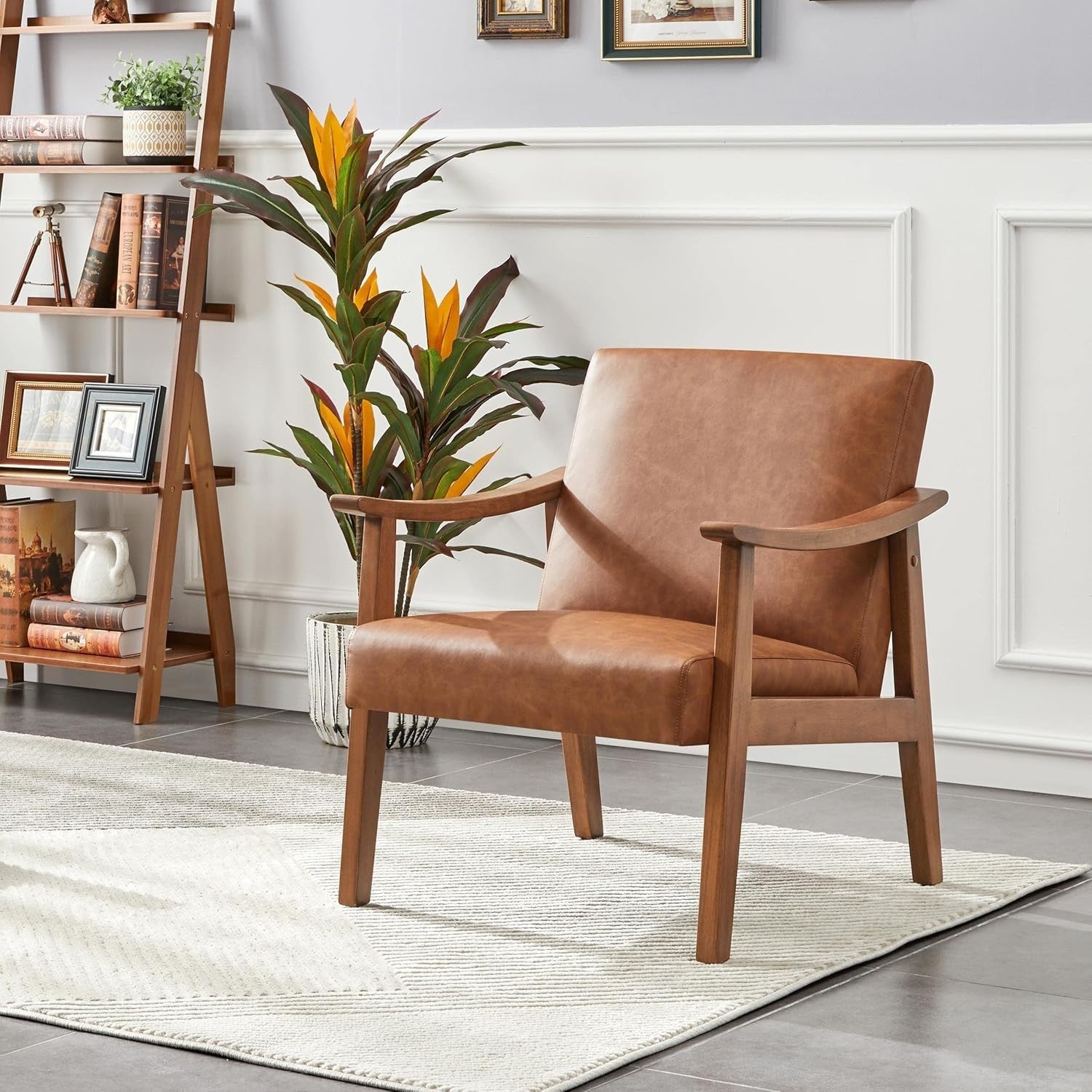 Faux Leather Armchair Retro Wood Frame Lounge Chair Comfy Seat Office