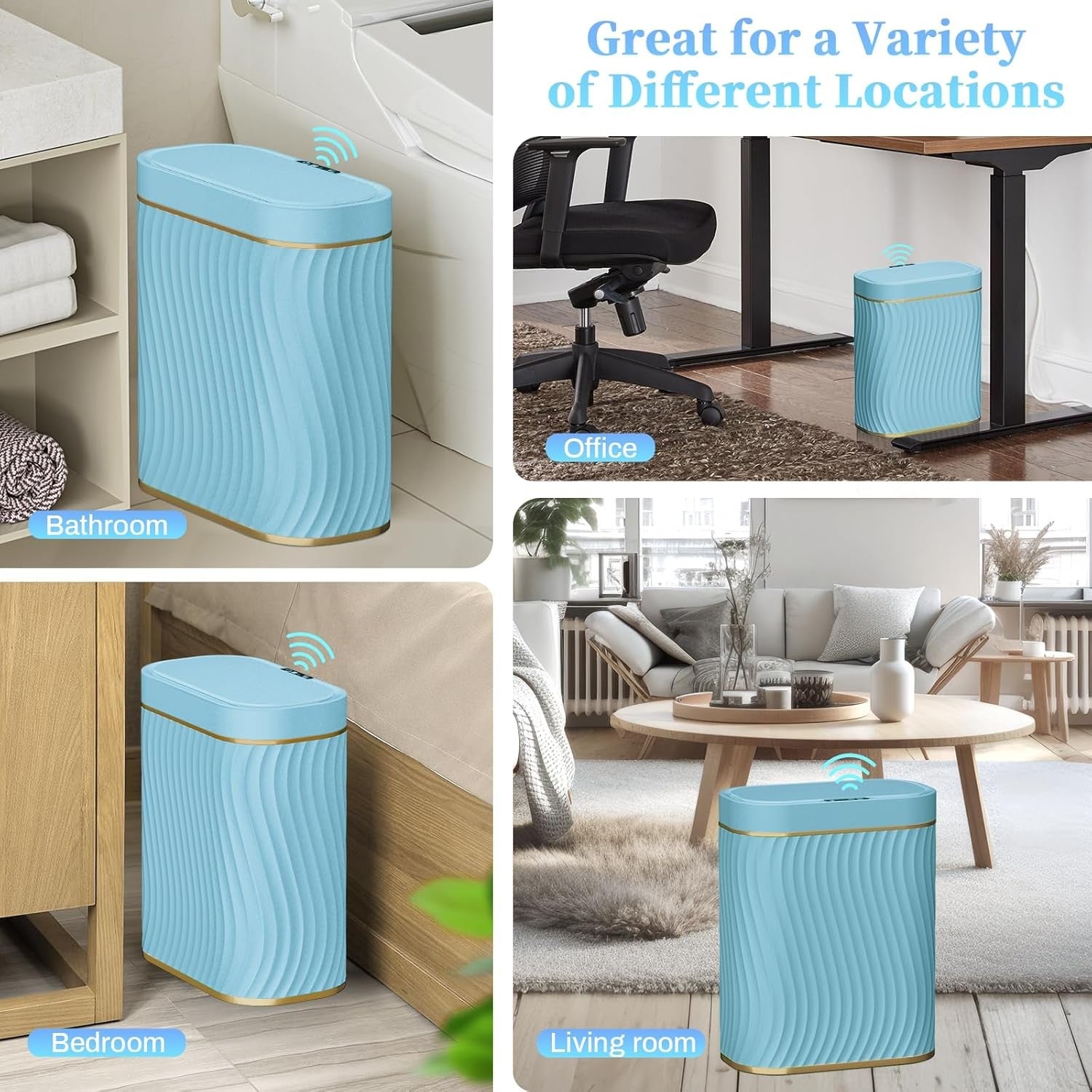 2.6 Gallon Touchless Bathroom Bin Waterproof Slim Smart Trash Blue