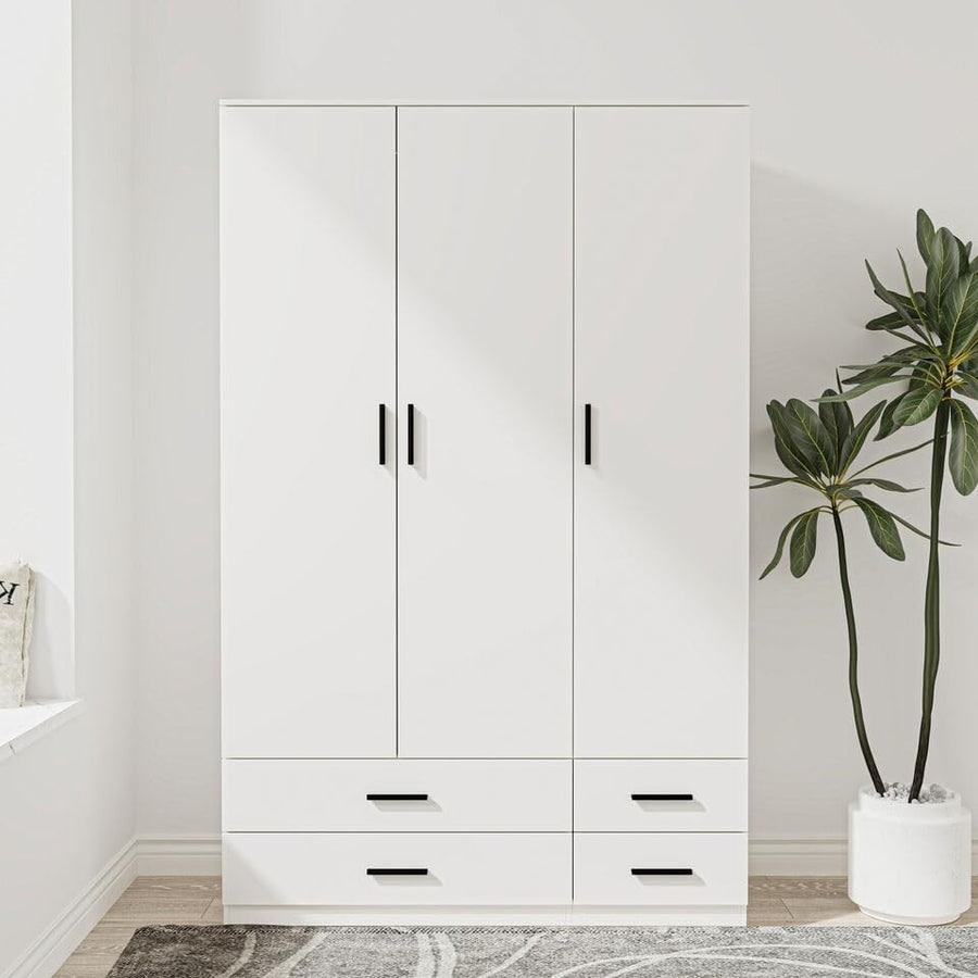 White 3 Door Wardrobe with 4 Drawers Modern Bedroom Storage Cupboard