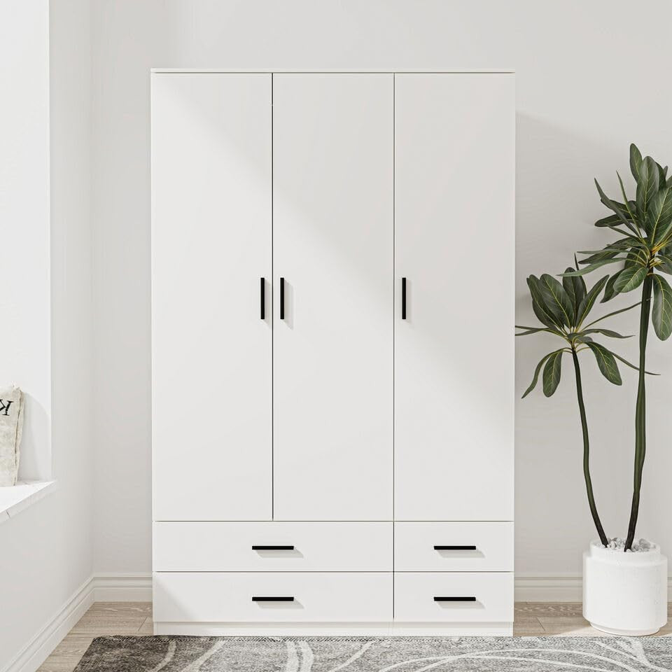 White 3 Door Wardrobe with 4 Drawers Modern Bedroom Storage Cupboard