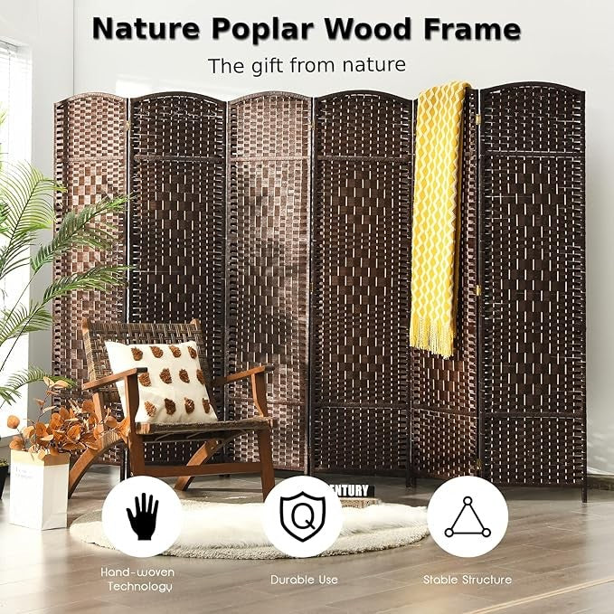 6 Panel Folding Room Divider – Brown Woven Privacy Screen for Bedroom