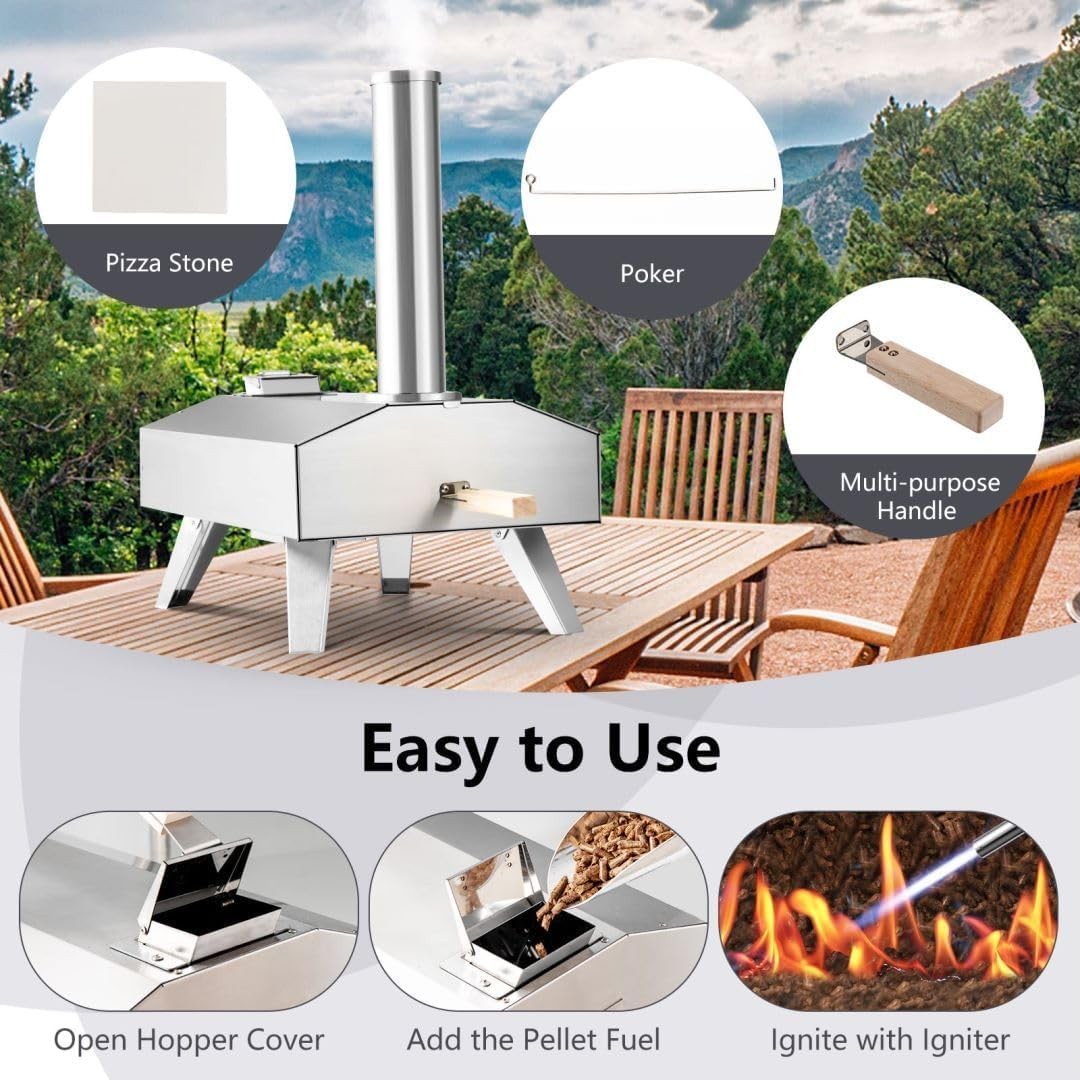 Outdoor Multi-Fuel Pizza Oven | Stainless Steel BBQ Grill with Stone & Foldable