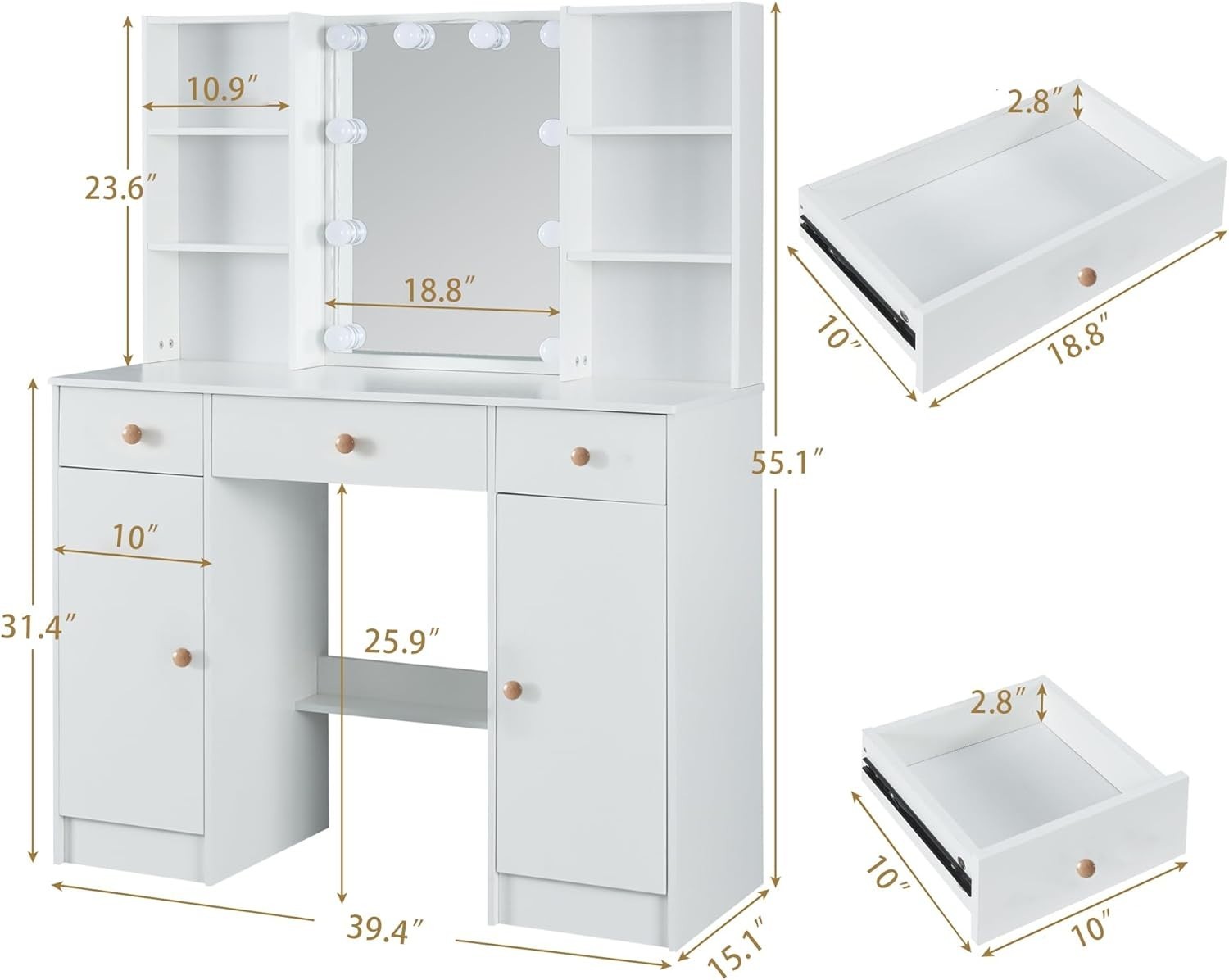 Modern White Vanity Makeup Desk Mirror 3 Drawer Storage Set Dressing Table