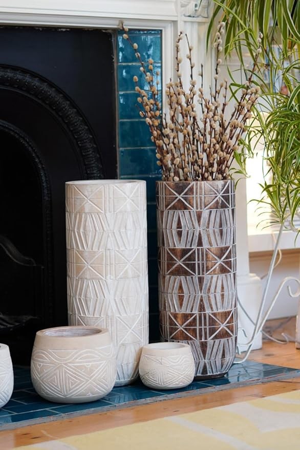 Tall Brown Wooden Floor Vase 50cm Handmade Tribal Boho Decor for Pampas