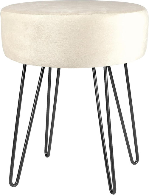 Cream Velvet Round Footstool with Black Legs, Modern Pouffe for Bedroom & Vanity
