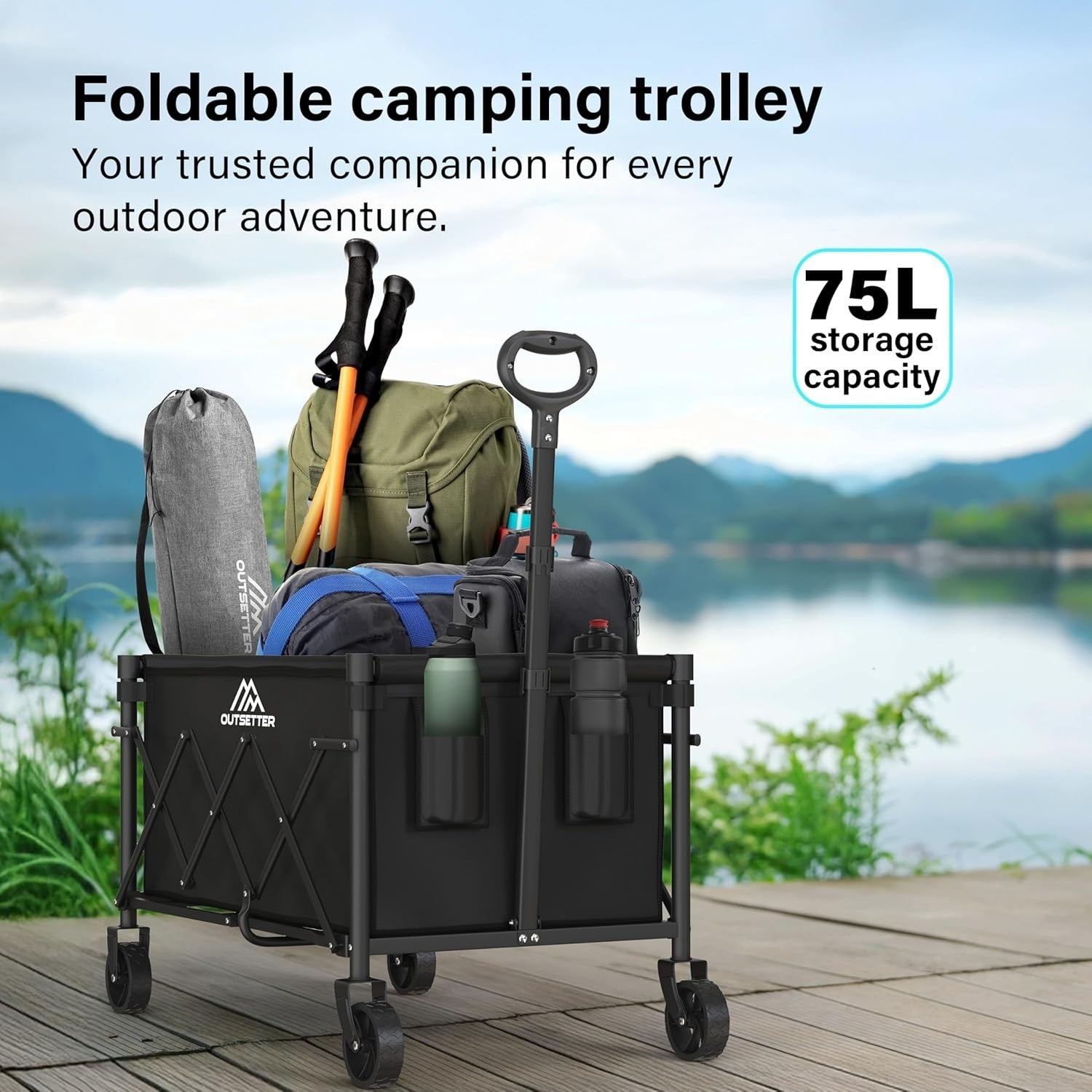 75L Folding Festival Trolley Camping Wagon Adjustable Handle Garden Beach Cart