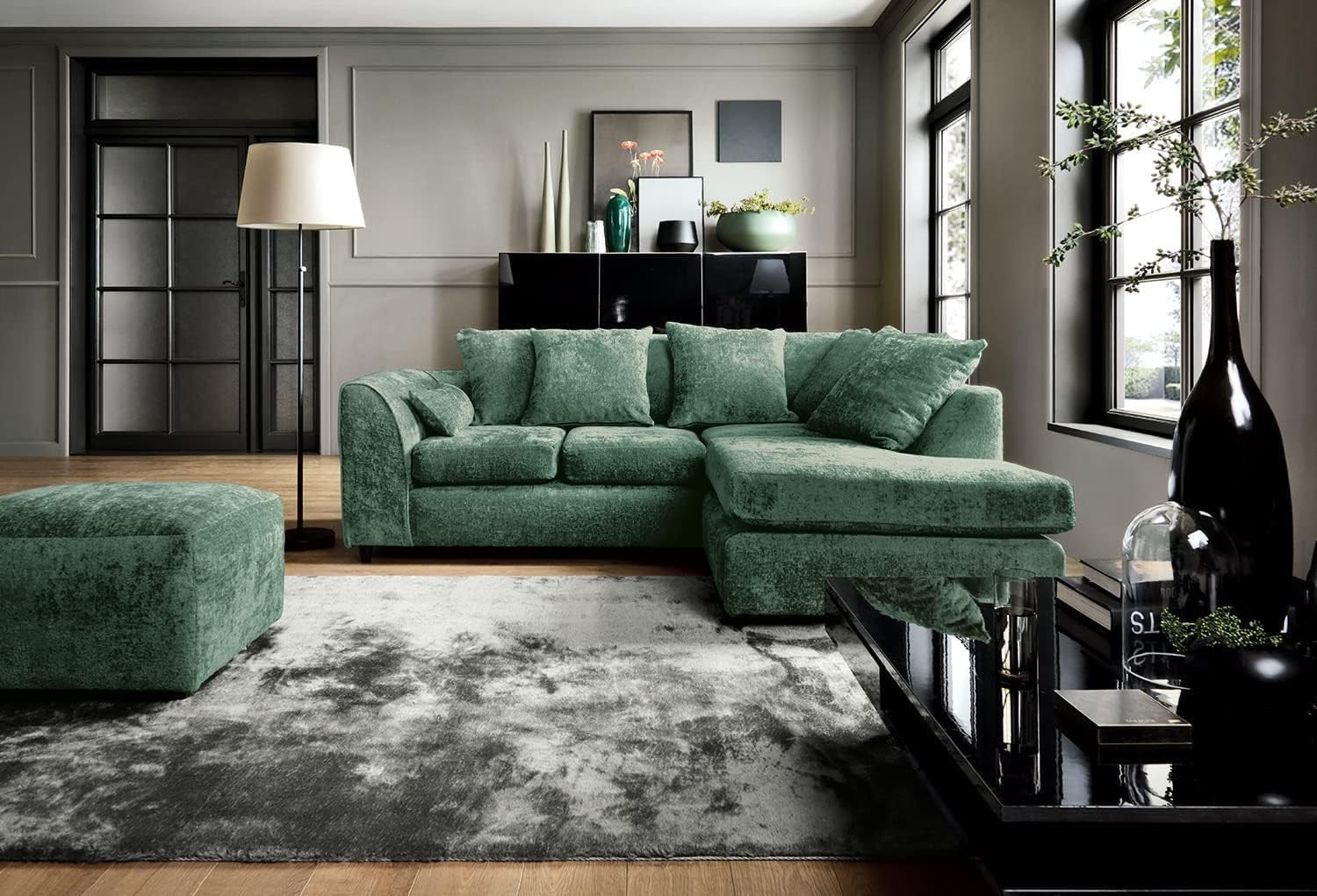 L-Shaped Corner Sofa 4-Seater Green Deep Cushions Right Hand Facing