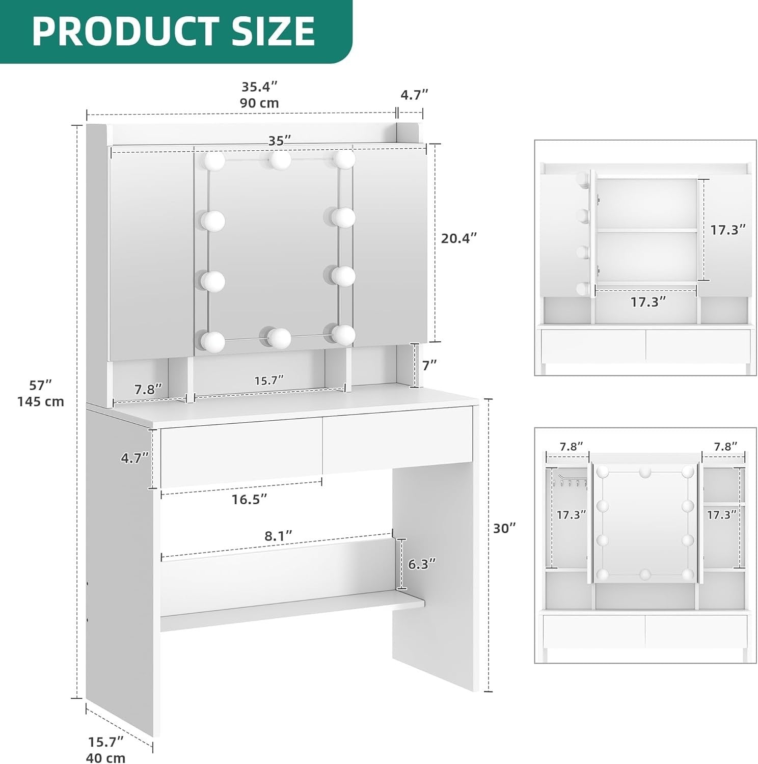 Vanity Dressing Table Desk Set w/ Lighted Mirror Adjustable Shelves Drawers Stor