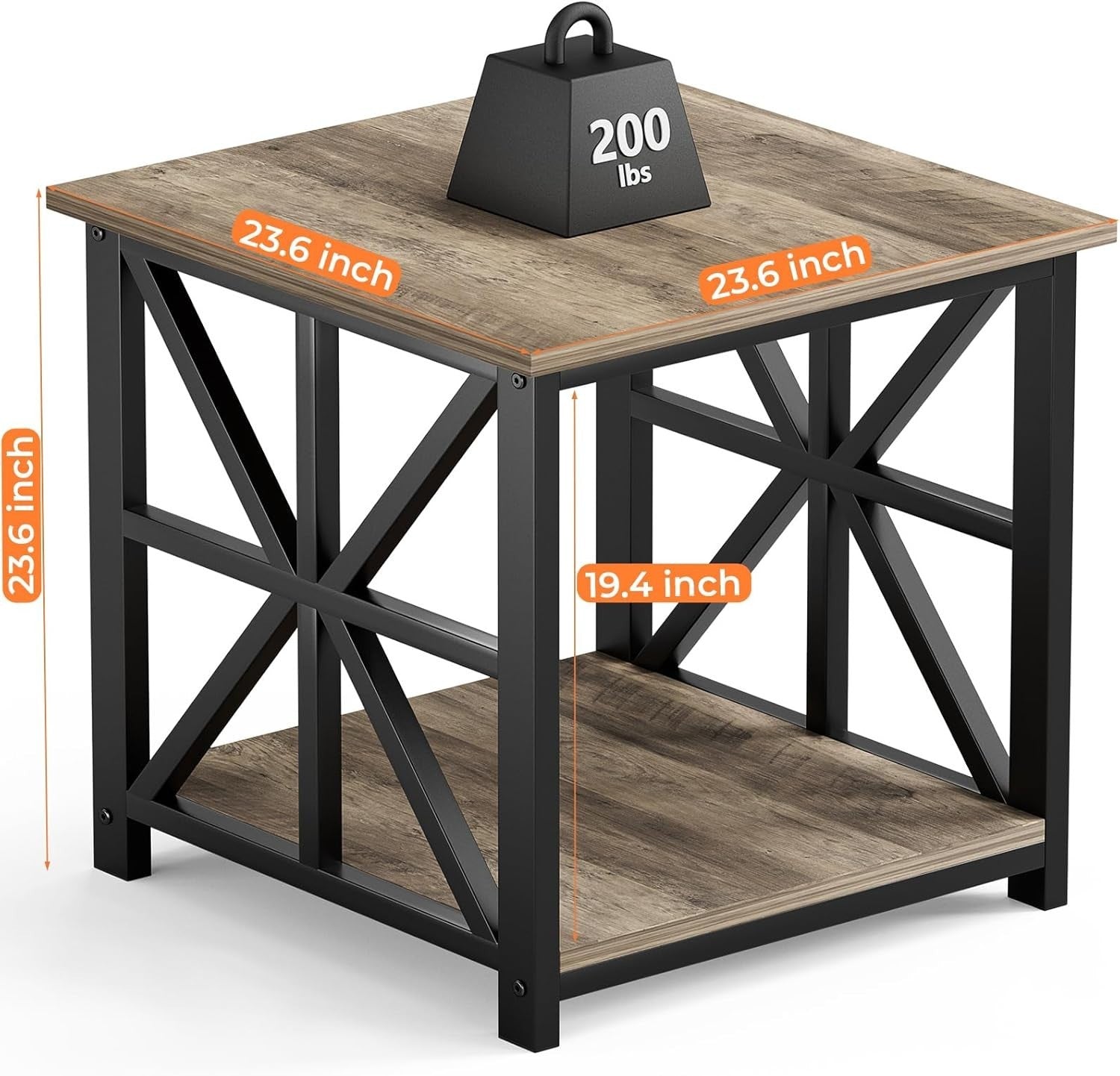 Grey Wash 2-Tier Square Side Table 60x60x60 cm | Large End Table w/ Storage