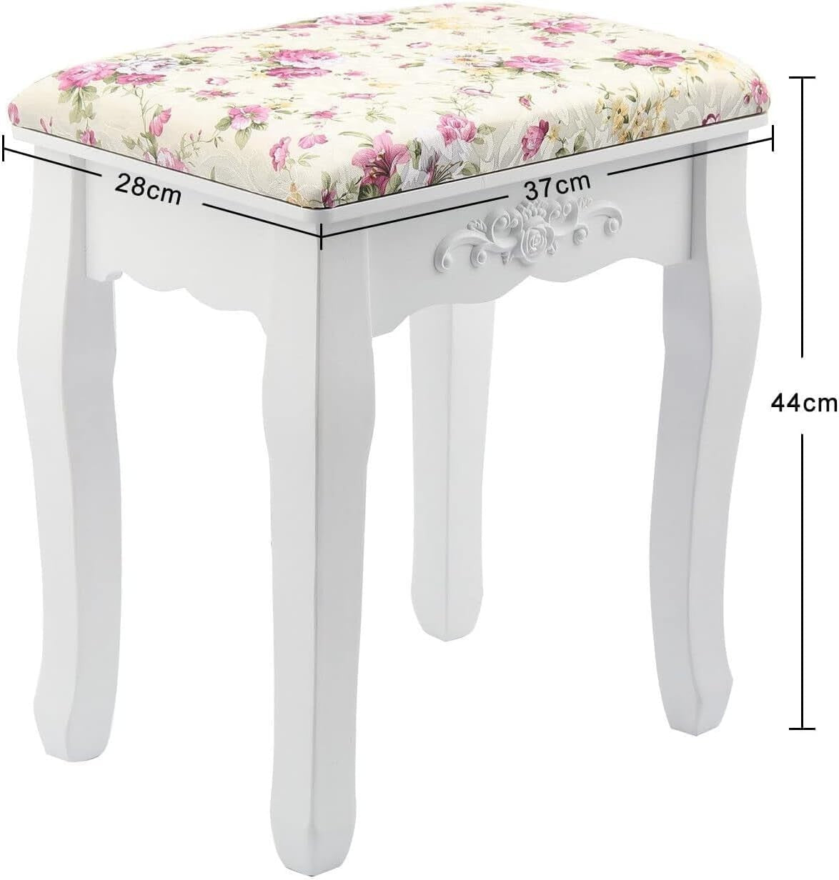 Rose Baroque Vanity Stool with Curved Wood Legs – Elegant Makeup Chair