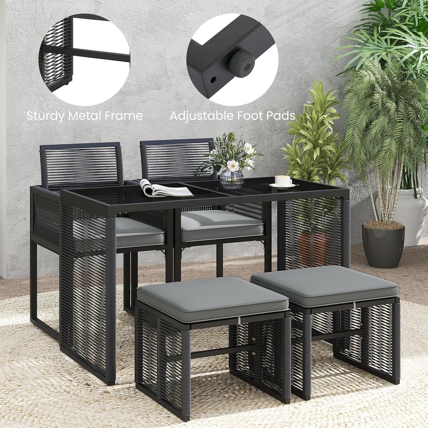 5 Piece Rattan Garden Dining Set Table Chairs Ottomans Cushions Space Saving