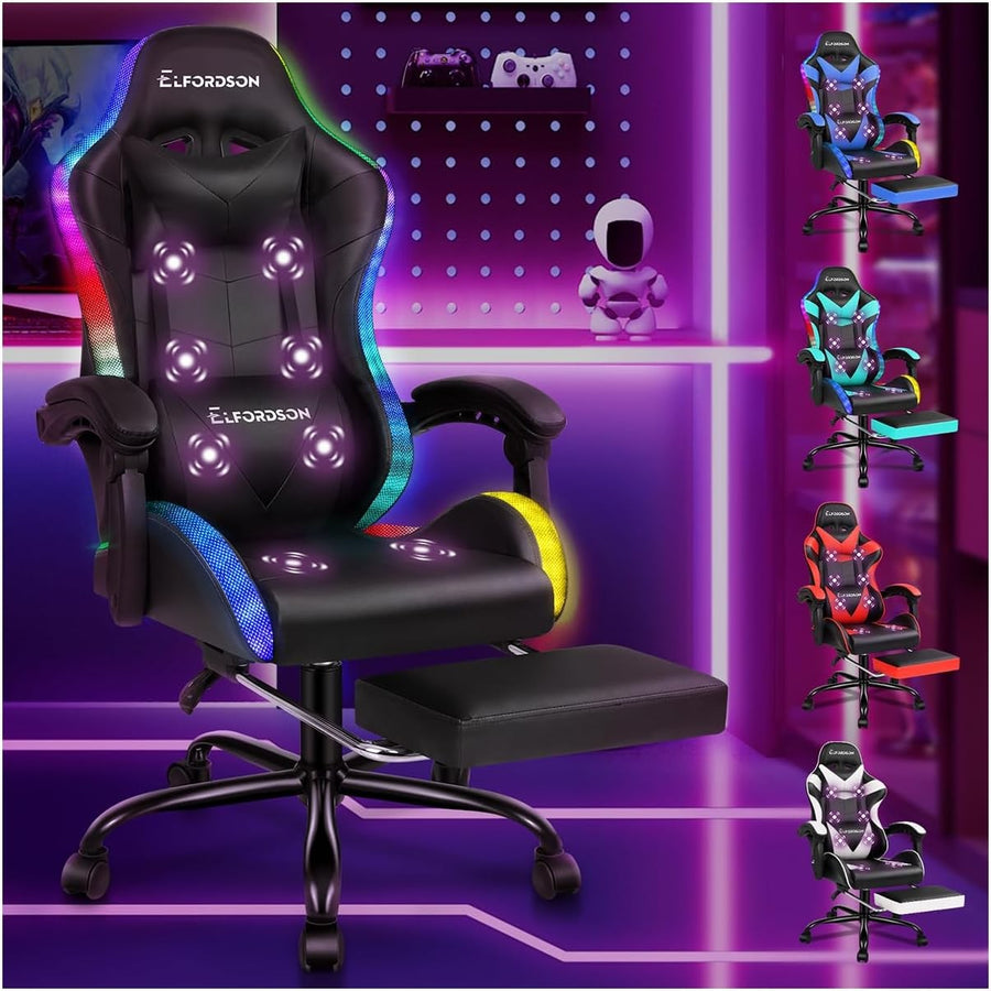 LED Gaming Chair Massage RGB Recliner with Footrest PU Leather