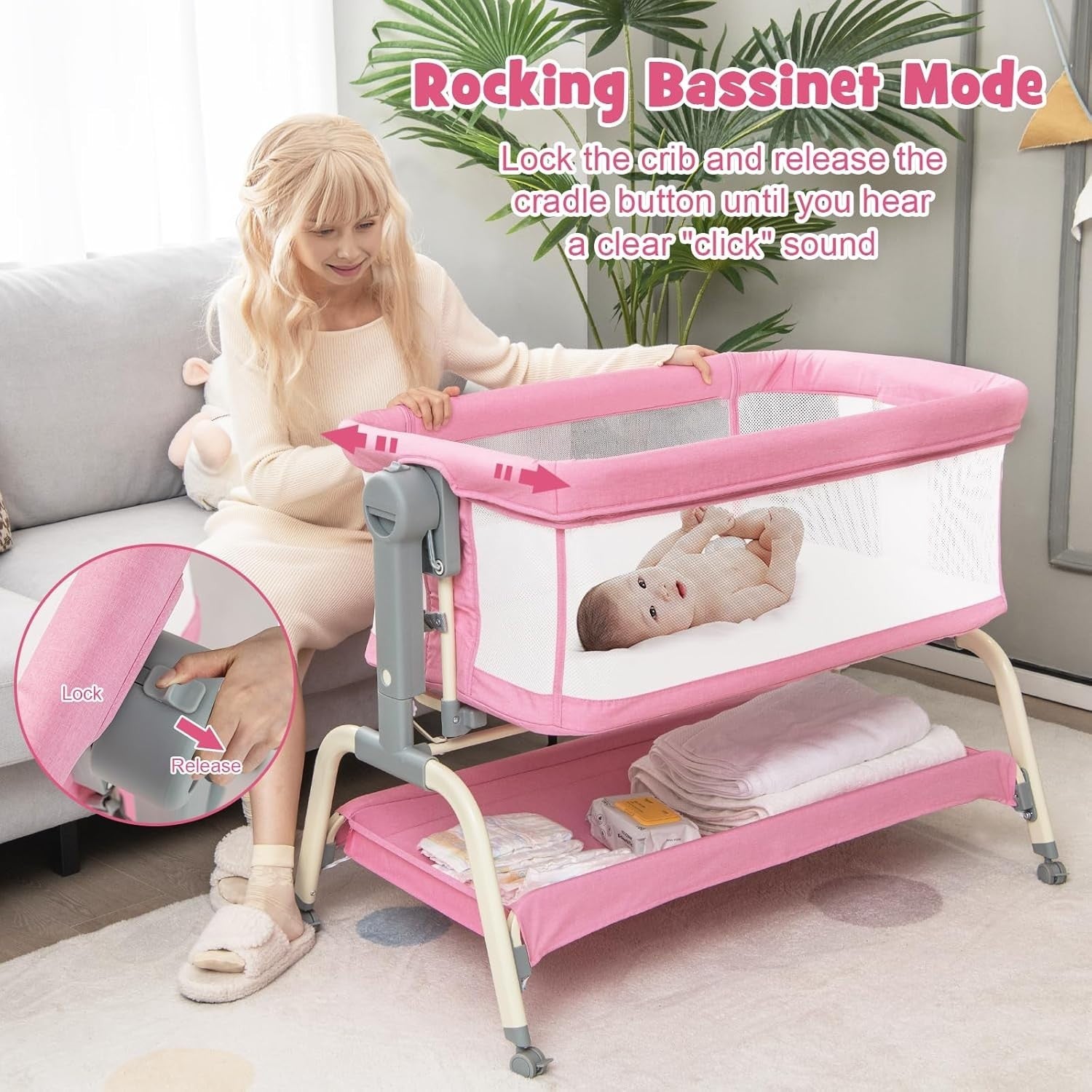 4in1 Baby Bedside Crib Adjustable Rocking Bassinet with Mattress & Storage Pink