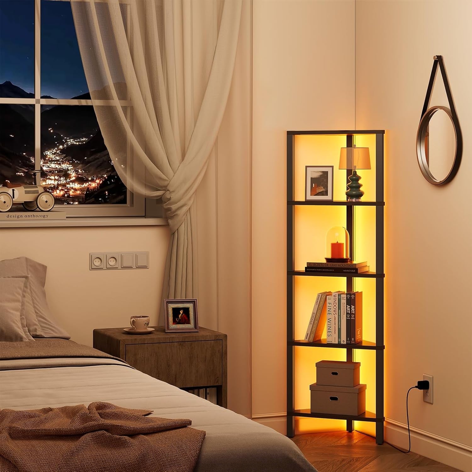 5-Tier Corner Bookshelf with LED Lights Slim Display Storage Unit for Small Spac