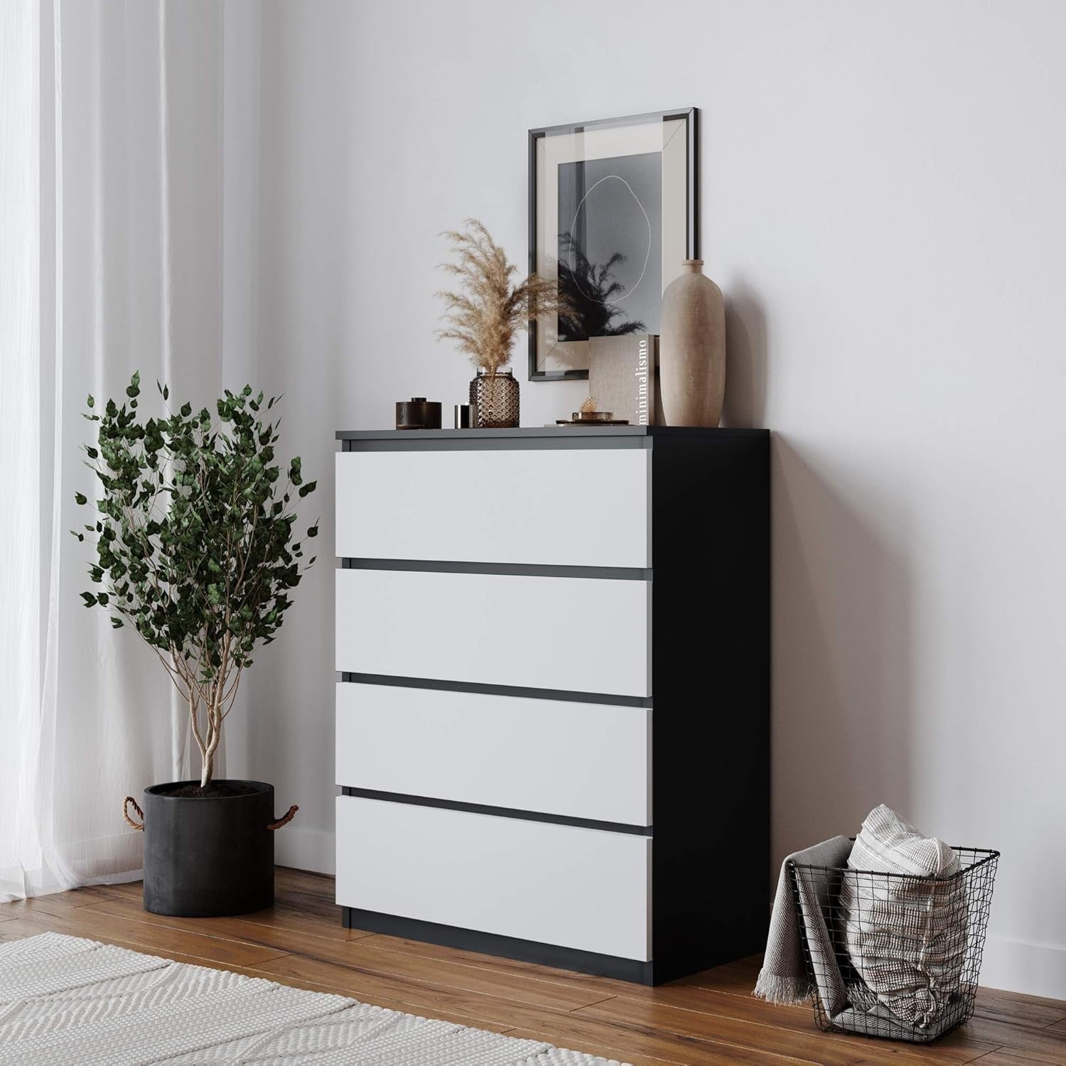 Modern 4-Drawer Wooden Chest Cabinet No Handles | Oak & White Storage Unit