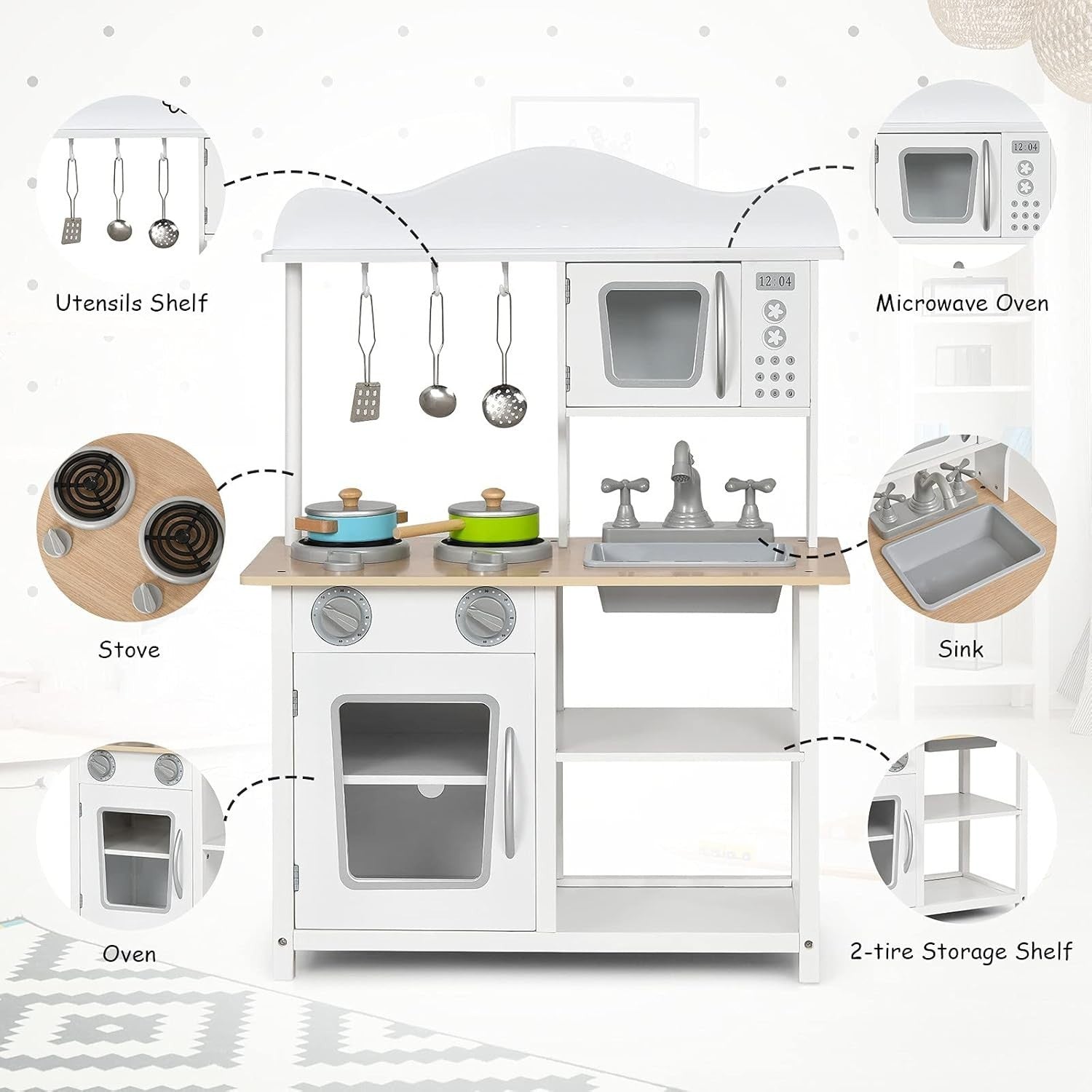Wooden Kids Play Kitchen w/ Stove Oven Sink Accessories Toy Set