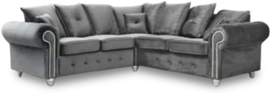 Dark Grey Velvet Corner Sofa 5 Seater – Chesterfield L Shape Settee – Rolled Arm