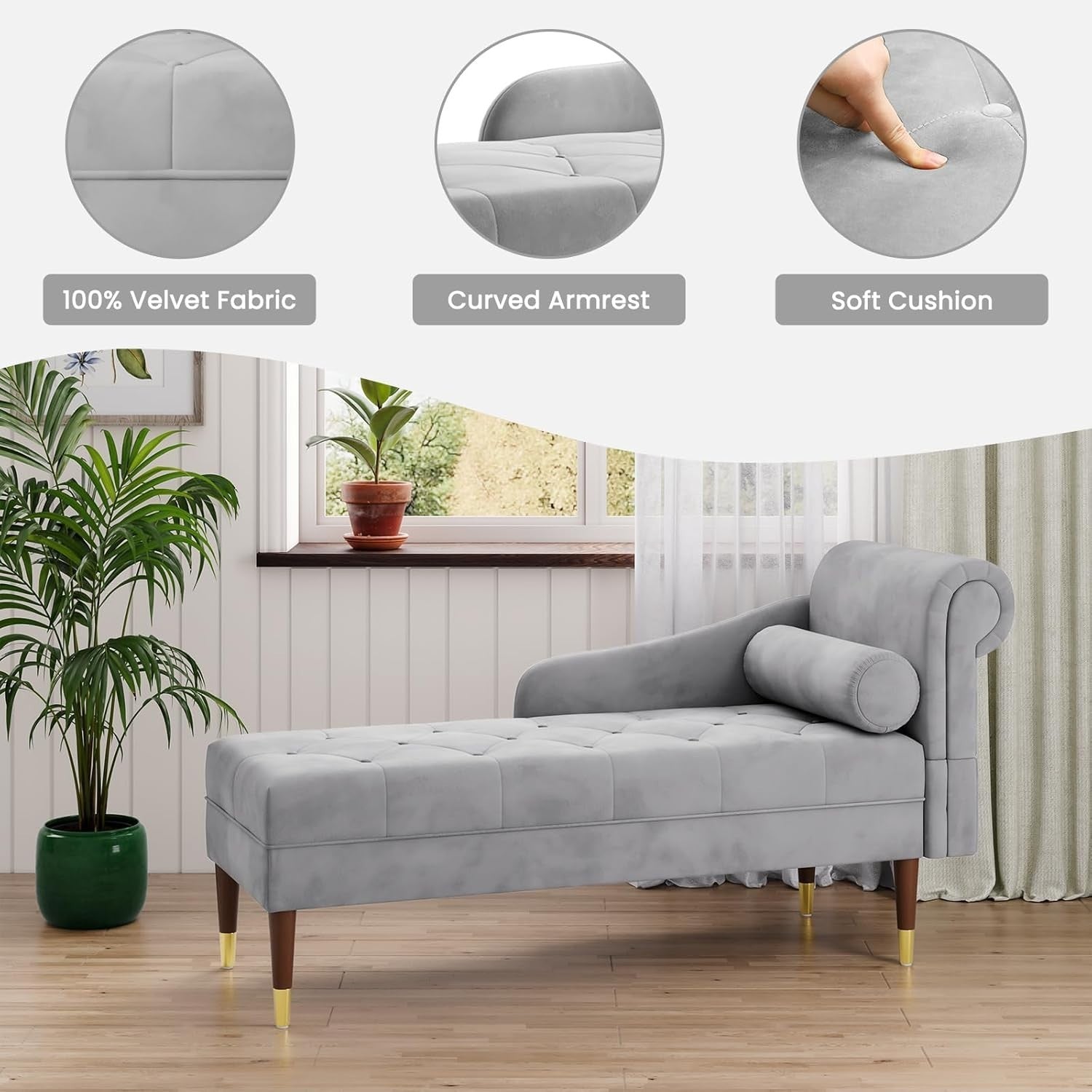 Luxury Grey Velvet Chaise Lounge Sofa Right Armrest – Space-Saving & Comfy